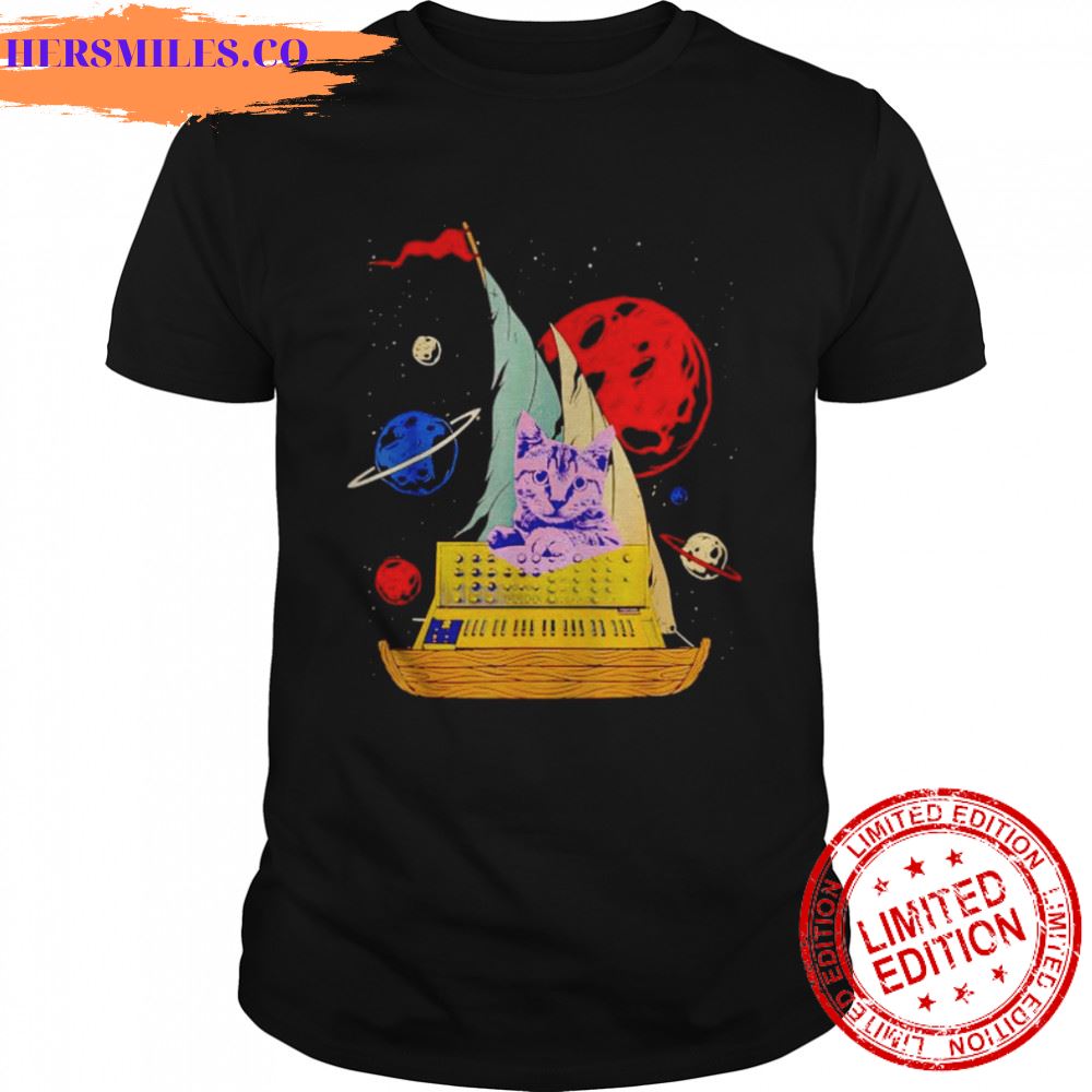 Cat on synthesizer in space shirt