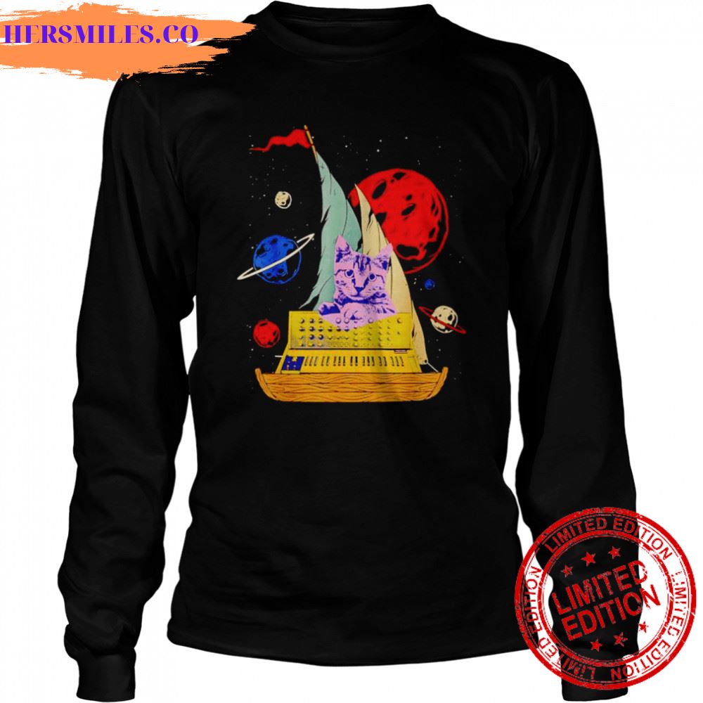Cat on synthesizer in space shirt