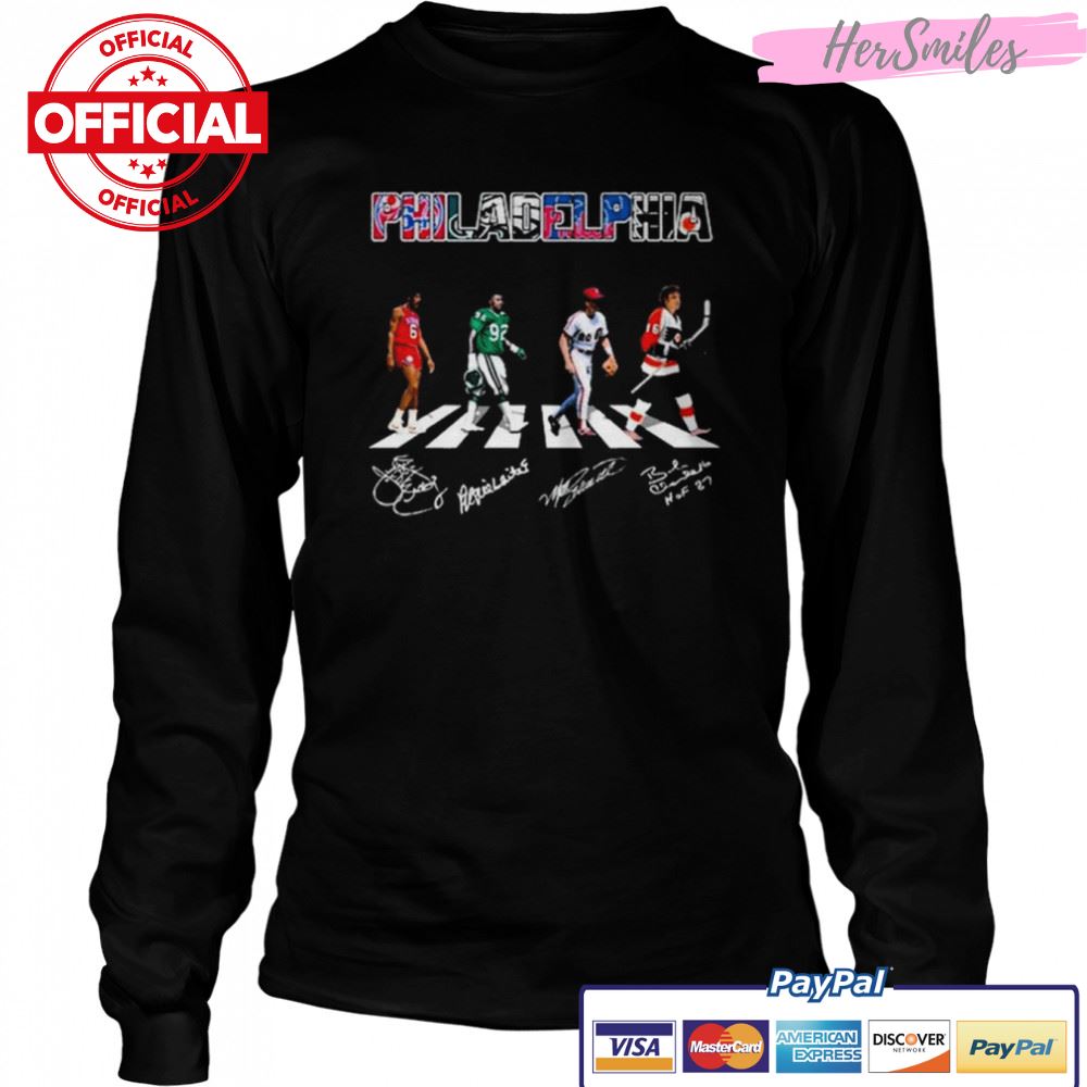 Philadelphia Sports With Erving Reggie White Mike Schmidt Bobby Clarke abbey road signatures shirt Philadelphia Sports With Erving Reggie White Mike Schmidt Bobby Clarke abbey road signatures shirt
