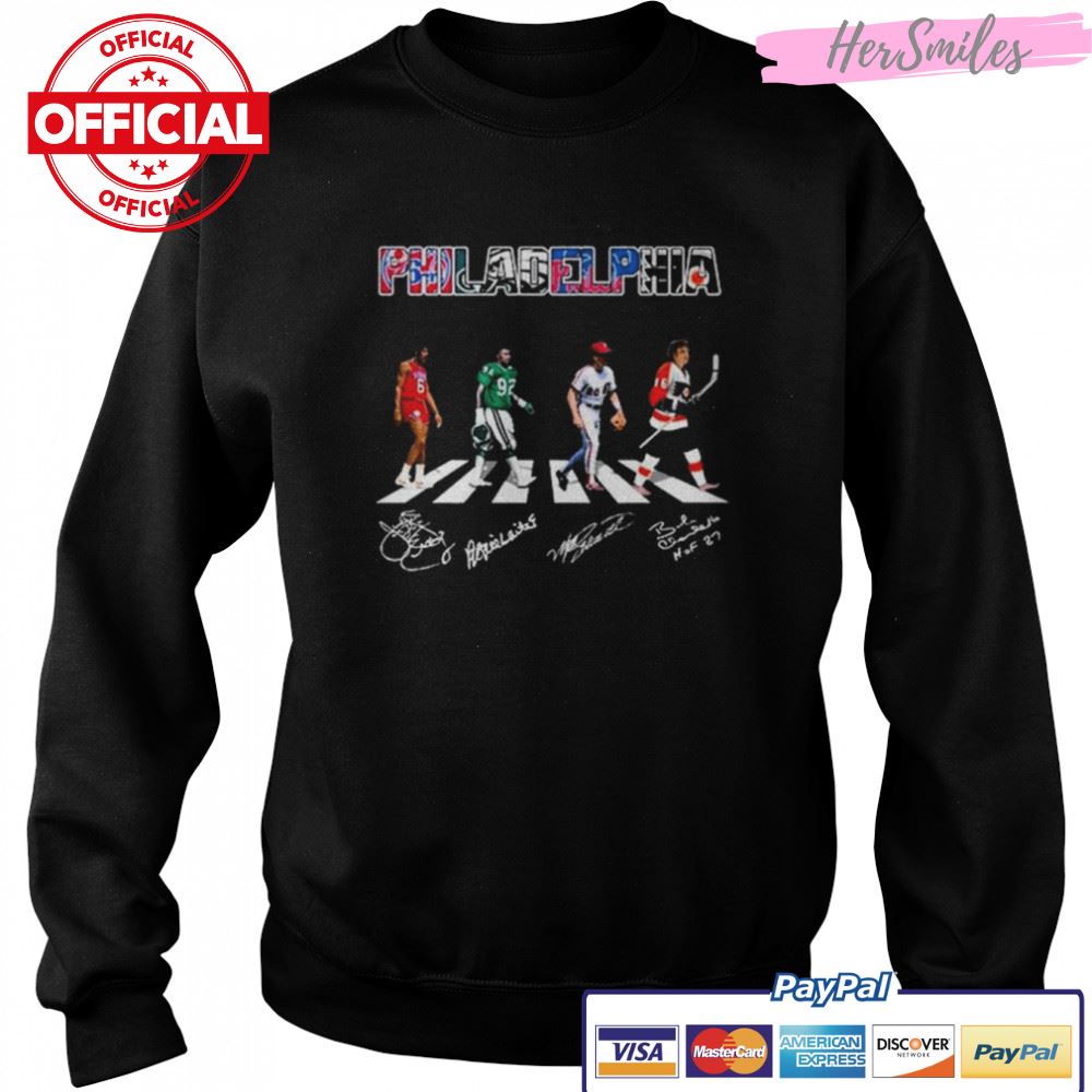 Philadelphia Sports With Erving Reggie White Mike Schmidt Bobby Clarke abbey road signatures shirt Philadelphia Sports With Erving Reggie White Mike Schmidt Bobby Clarke abbey road signatures shirt