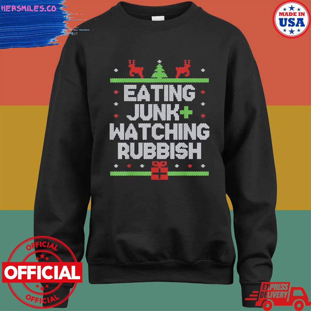 Eating junk food and watching rubbish ugly Christmas sweater Eating junk food and watching rubbish ugly Christmas sweater