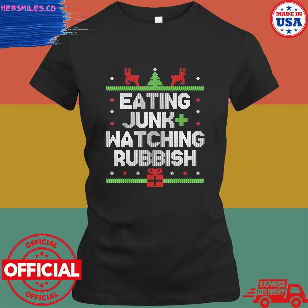 Eating junk food and watching rubbish ugly Christmas sweater Eating junk food and watching rubbish ugly Christmas sweater