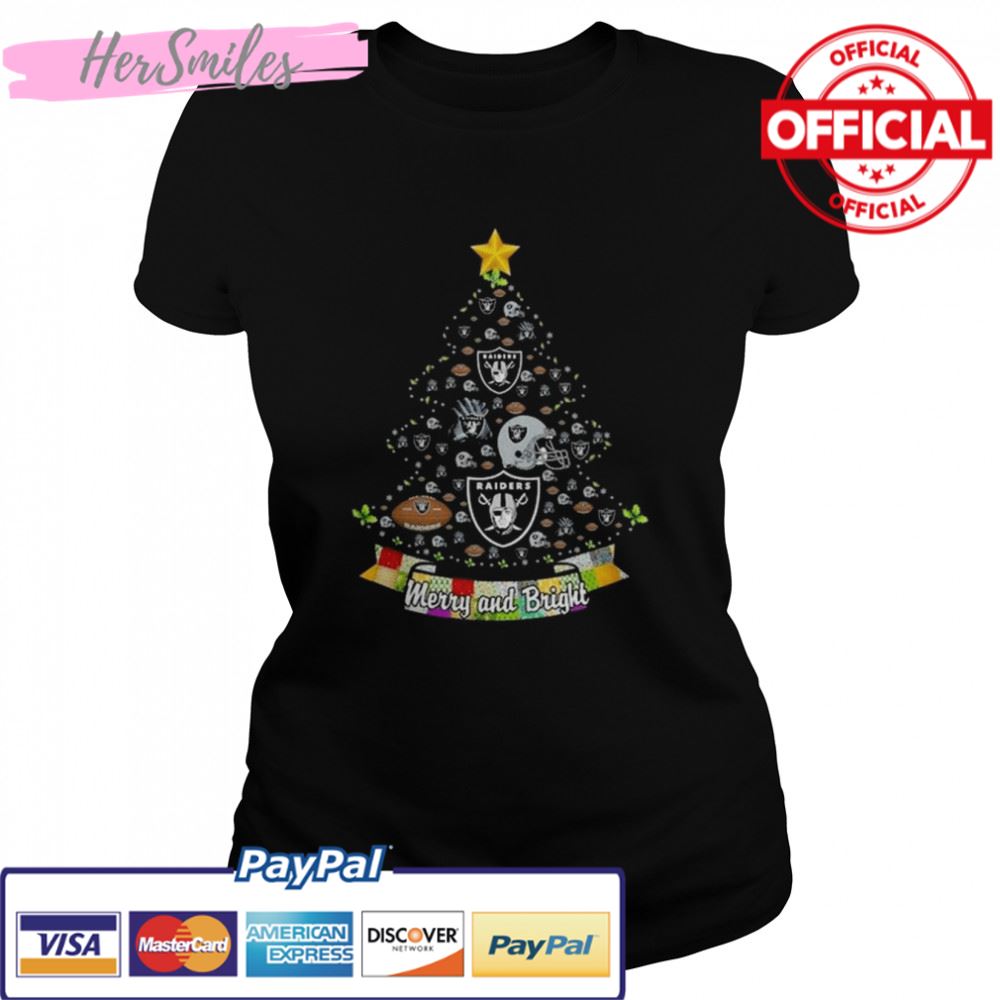 Merry And Bright Oakland Raiders NFL Christmas Tree 2022 Shirt