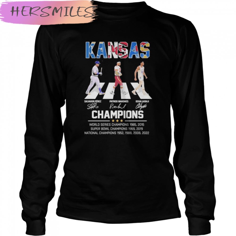 Kansas Salvador Perez Patrick Mahomes and Ochai Agbaji Abbey road signatures Champions 2022 T-shirt Kansas Salvador Perez Patrick Mahomes and Ochai Agbaji Abbey road signatures Champions 2022 T-shirt