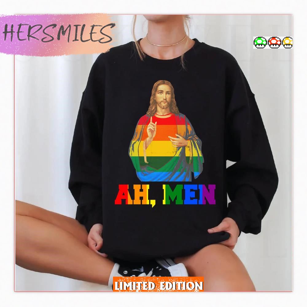 Lgbt Christian Shirt Ah Men Funny Lgbt Gay Pride Rainbow Flag Jesus  T-shirt