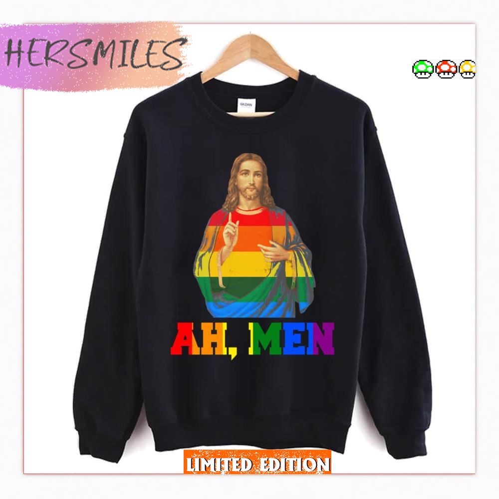 Lgbt Christian Shirt Ah Men Funny Lgbt Gay Pride Rainbow Flag Jesus  T-shirt