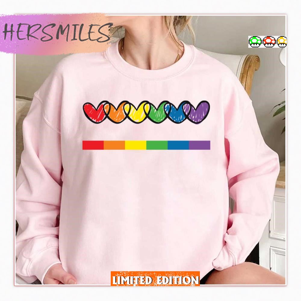 Lgbt Handrawn Hearts Rainbow Flag On Black Gay Lesbian Bisexual Pride  T-shirt