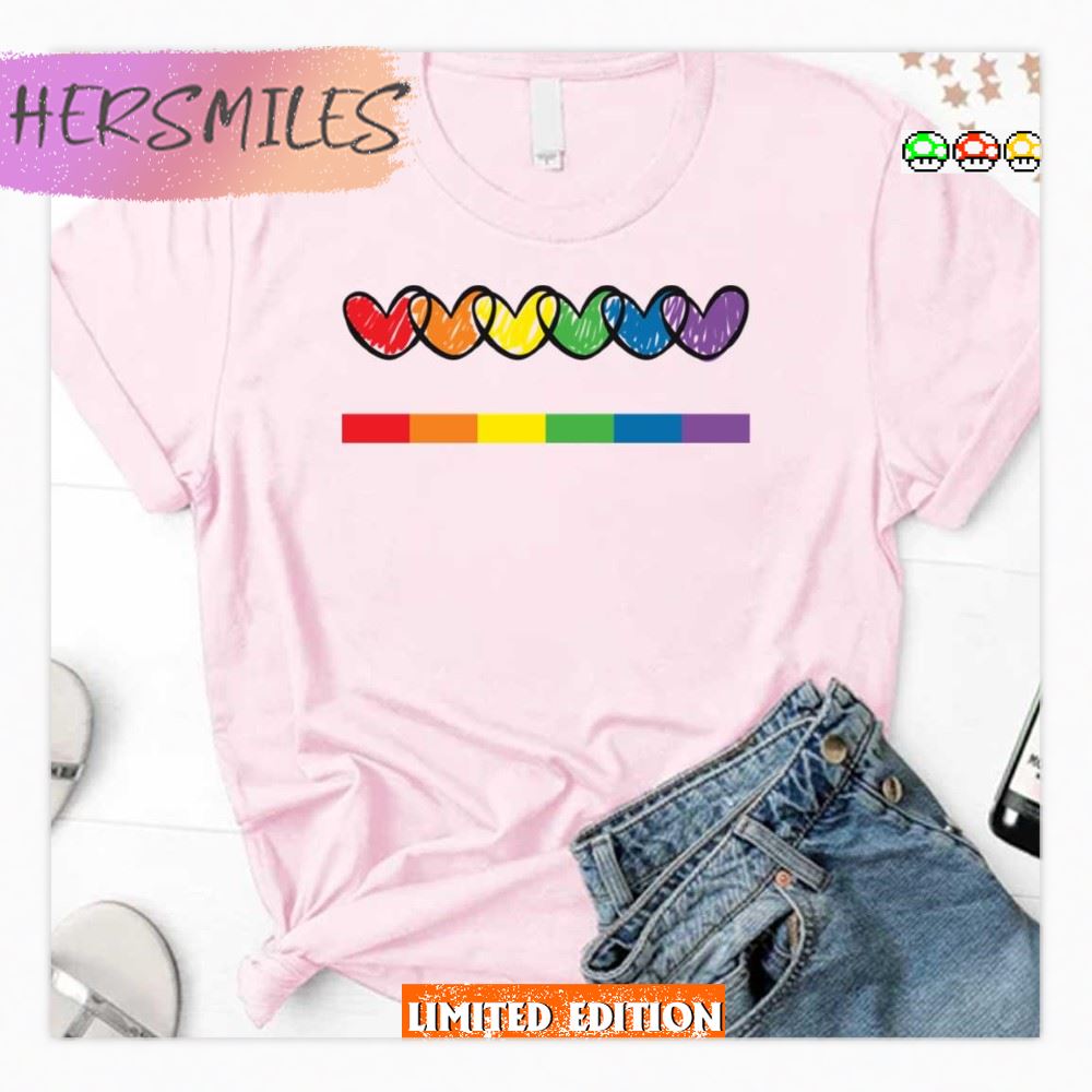 Lgbt Handrawn Hearts Rainbow Flag On Black Gay Lesbian Bisexual Pride  T-shirt