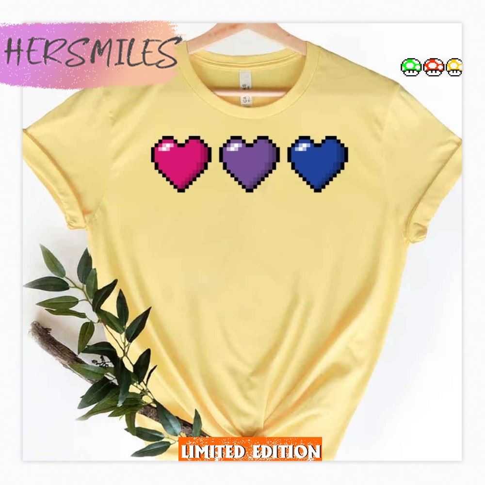 Row Of Three Bisexual Pride Flag Pixel Hearts Lgbtq Pride Month T-shirt