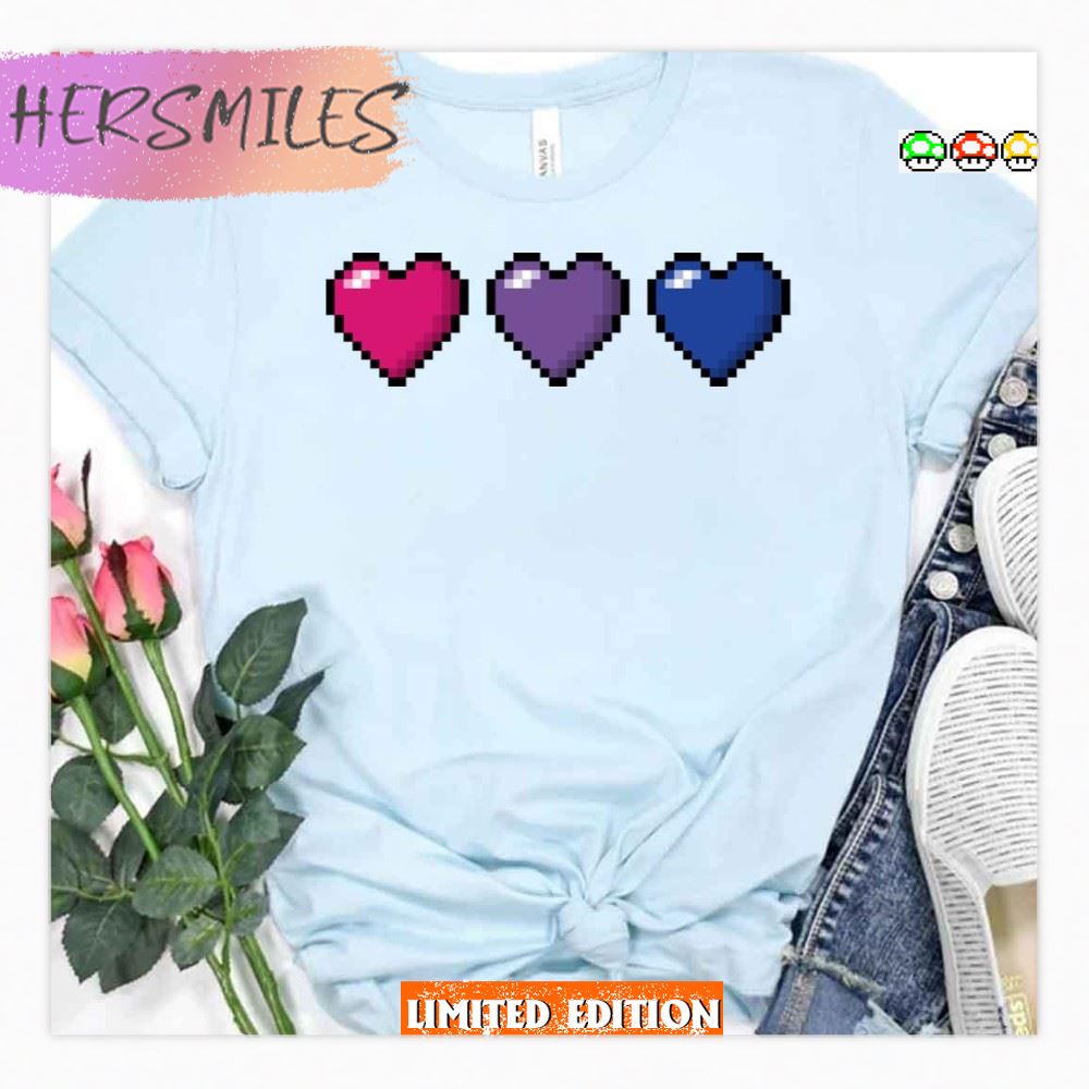 Row Of Three Bisexual Pride Flag Pixel Hearts Lgbtq Pride Month T-shirt