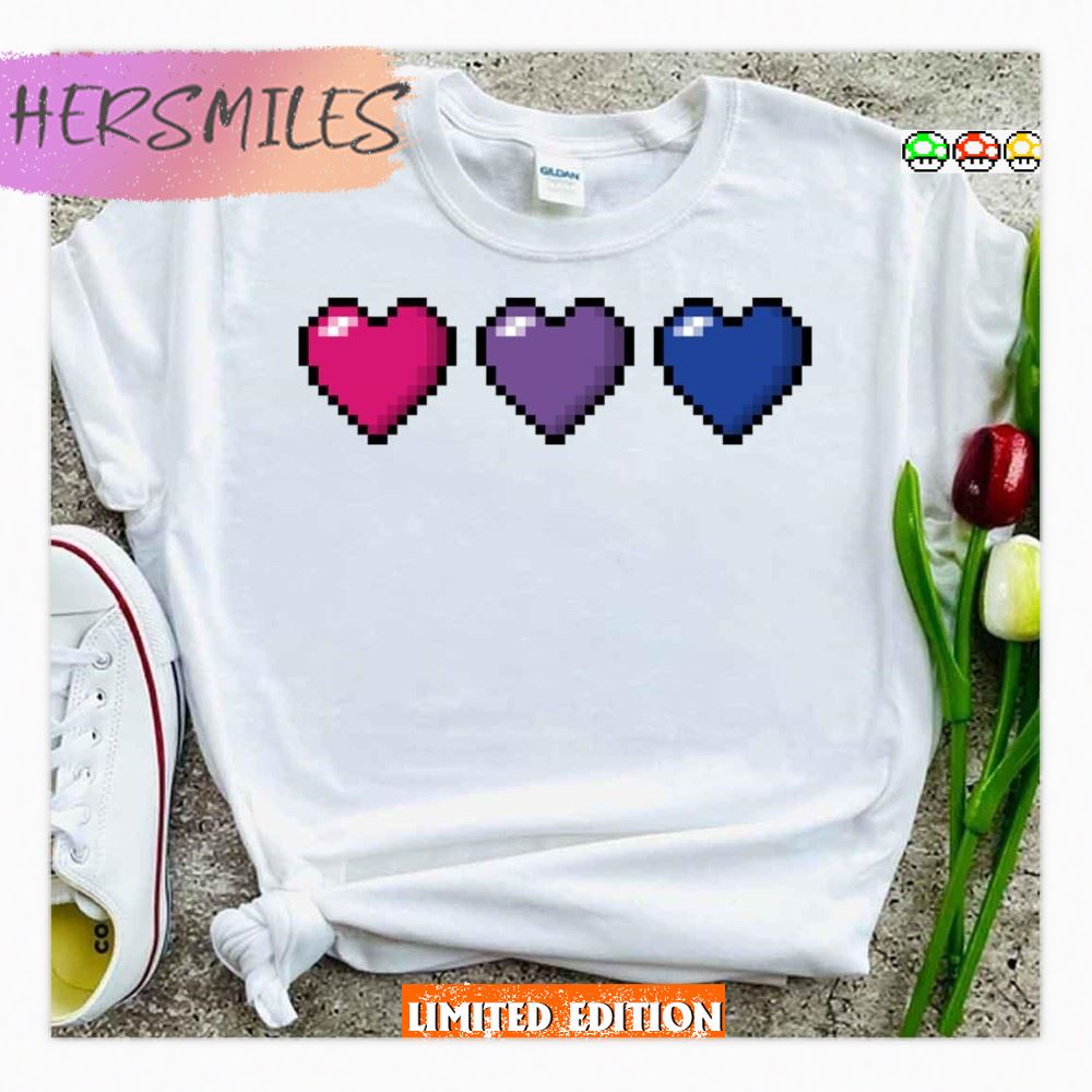 Row Of Three Bisexual Pride Flag Pixel Hearts Lgbtq Pride Month T-shirt Row Of Three Bisexual Pride Flag Pixel Hearts Lgbtq Pride Month T-shirt