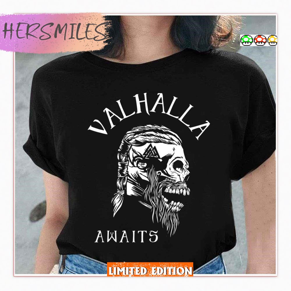 Skull Black And White Viking Valhalla  T-shirt