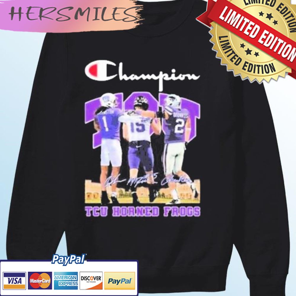 TCU Horned Frogs Hodges Tomlinson Max Duggan And Chandler Morris Champion signatures T-shirt TCU Horned Frogs Hodges Tomlinson Max Duggan And Chandler Morris Champion signatures T-shirt