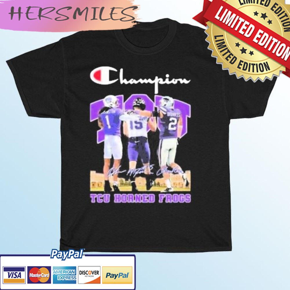TCU Horned Frogs Hodges Tomlinson Max Duggan And Chandler Morris Champion signatures T-shirt TCU Horned Frogs Hodges Tomlinson Max Duggan And Chandler Morris Champion signatures T-shirt