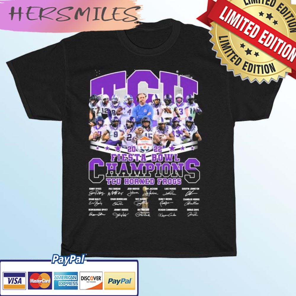TCU Horned Frogs Team 2022 Vrbo Fiesta Bowl Champions Signatures T-shirt TCU Horned Frogs Team 2022 Vrbo Fiesta Bowl Champions Signatures T-shirt