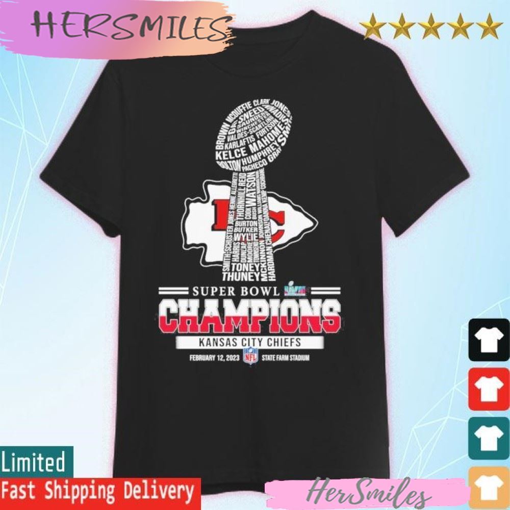 Super Bowl LVII Champions Kansas City Chiefs players names trophy T-shirt