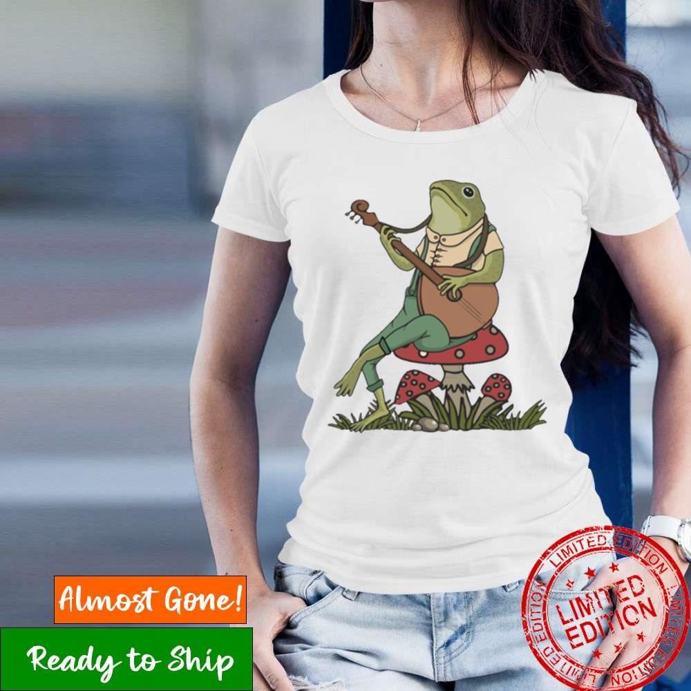Vintage Frog Playing Banjo On A Mushroom Cottagecore Shirt