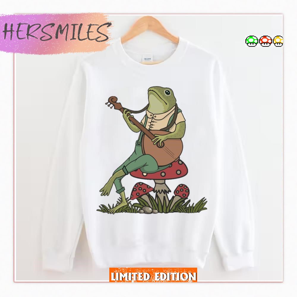 Vintage Frog Playing Banjo On A Mushroom Cottagecore T-Shirt