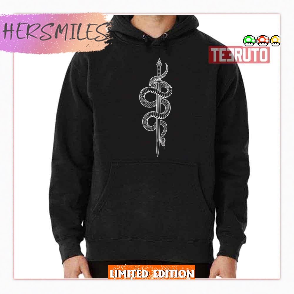 White Snake With Sword Motif Minimalist Style T-Shirt