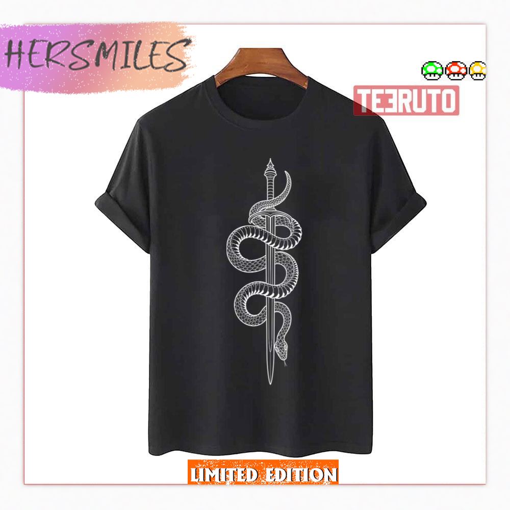 White Snake With Sword Motif Minimalist Style T-Shirt