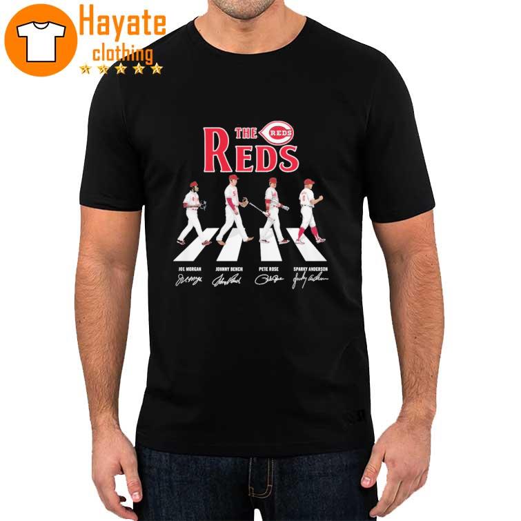 The Reds Joe Morgan Johnny Bench Pete Rose and Sparky Anderson Abbey road signatures Shirt