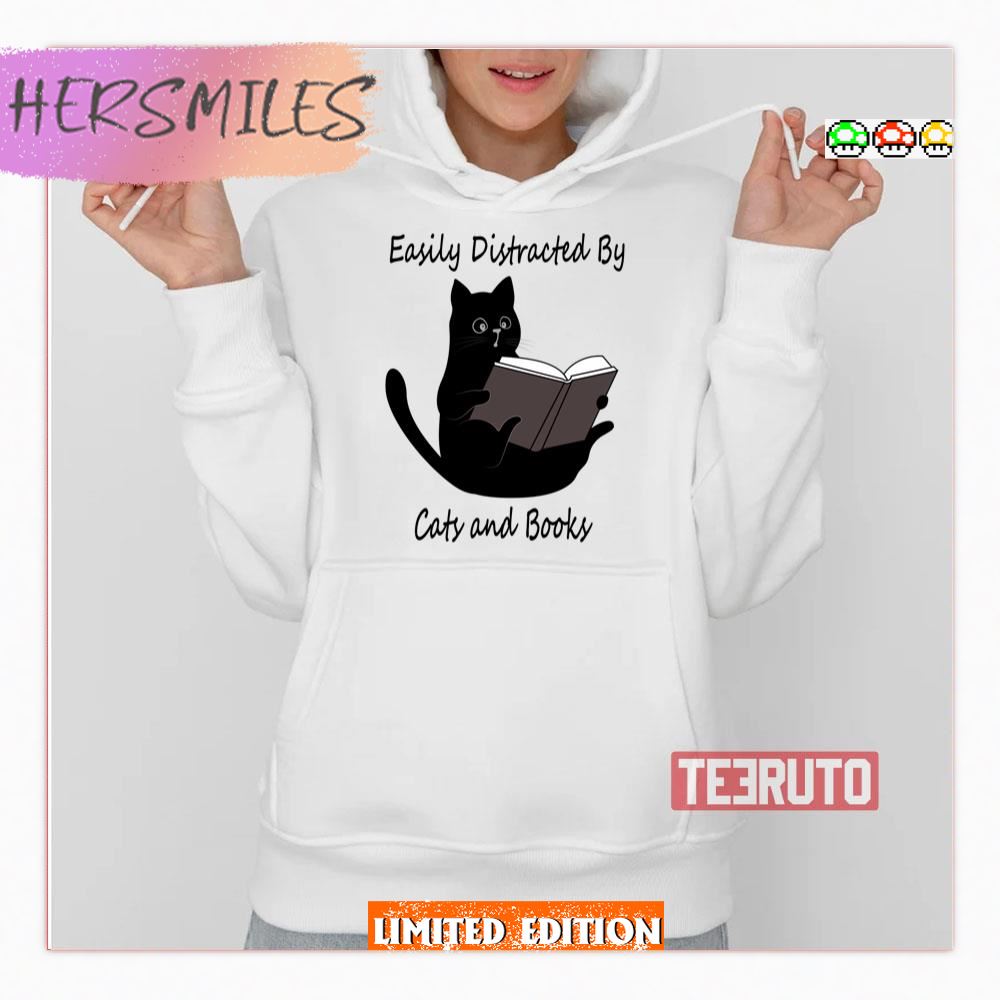 Easily Distracted By Cats And Books Cute Cat Gift Shirt