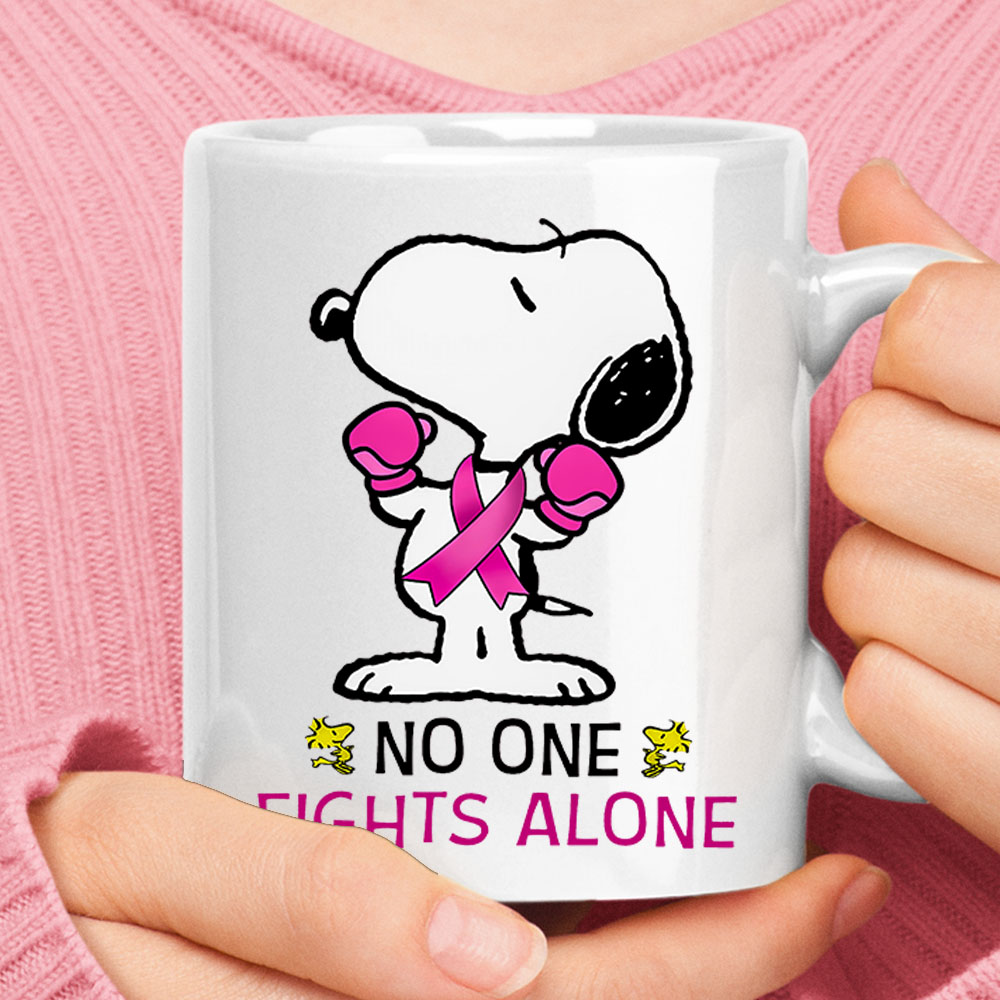 No One Fights Alone Snoopy Breast Cancer Awareness Mug