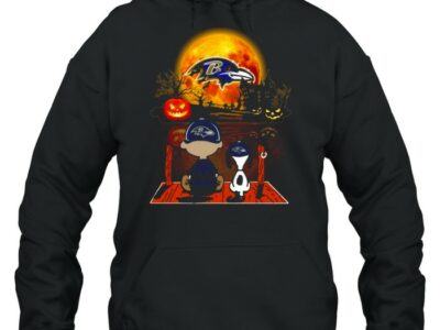 snoopy and charlie brown pumpkin baltimore ravens halloween moon shirt unisex hoodie