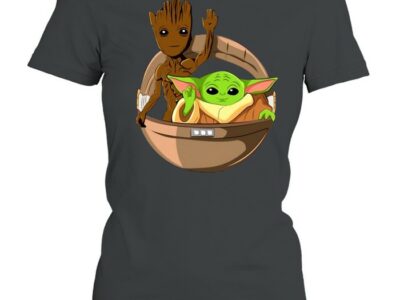 Cute-Waving-Baby-Groot-Baby-Yoda-In-Hover-Pram-Gift-Star-Wars-Guardians-Of-The-Galaxy-Shirt-Classic-Womens-T-shirt.jpg