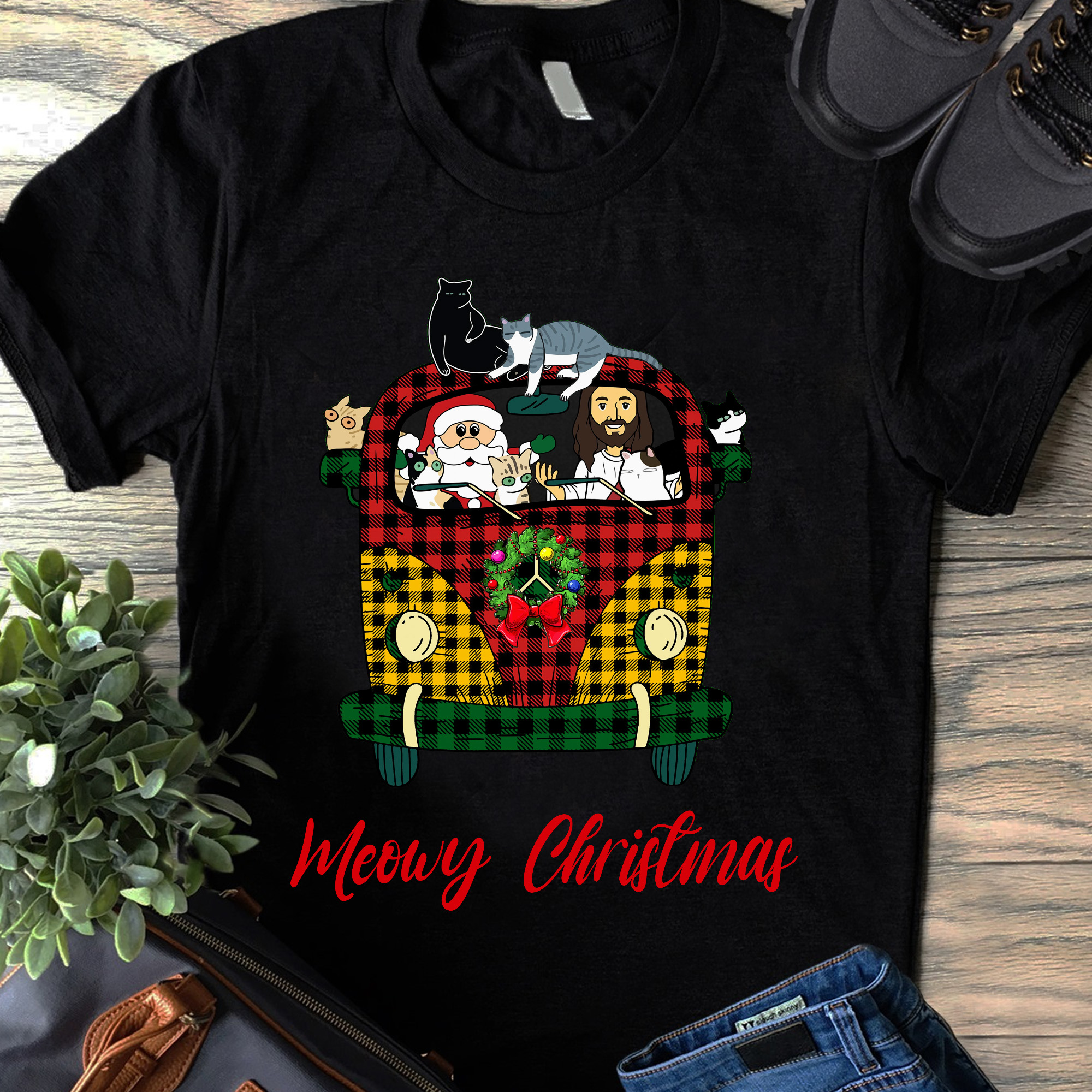 Meowy Christmas Shirt Santa Jesus Cats Car