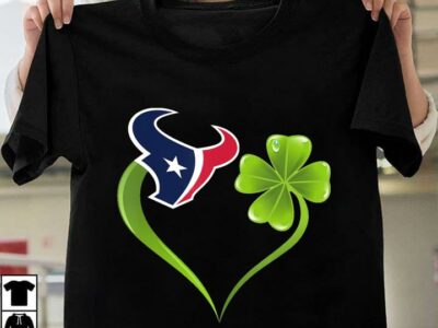 New Official Irish St Patrick Day Shamrock Heart Football Team Houston Texan T Shirt