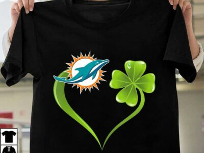 New Official Irish St Patrick Day Shamrock Heart Football Team Miami Dolphin T Shirt