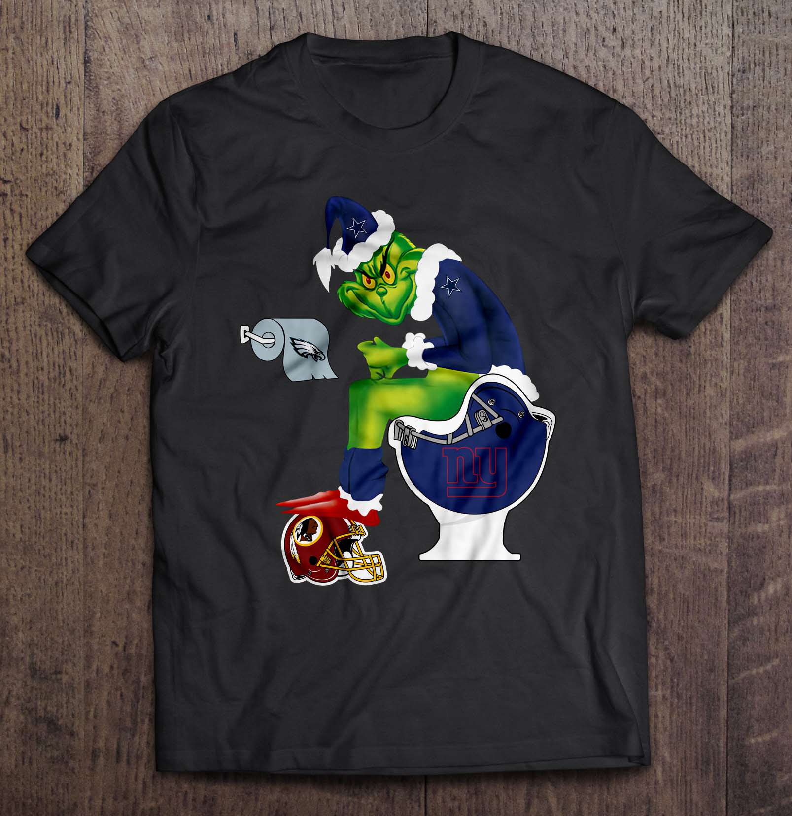 Dallas Cowboys Grinch Sitting On New York Giants Toilet And Step On Washington Redskins Helmet