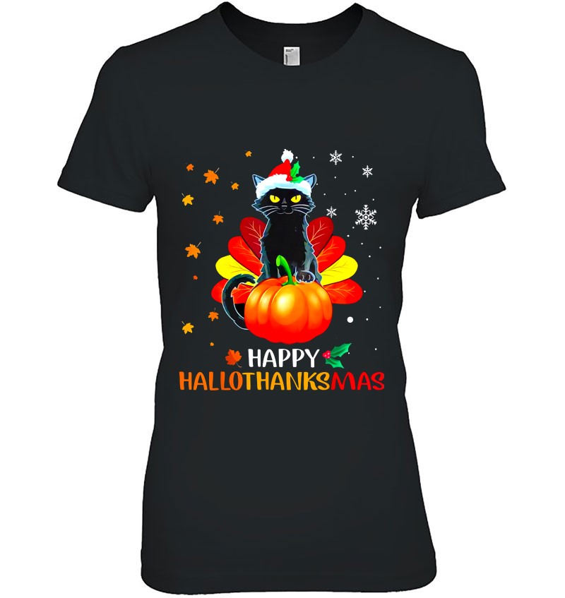 Happy Hallothanksmas Black Cat Turkey Pumpkin Santa Hat