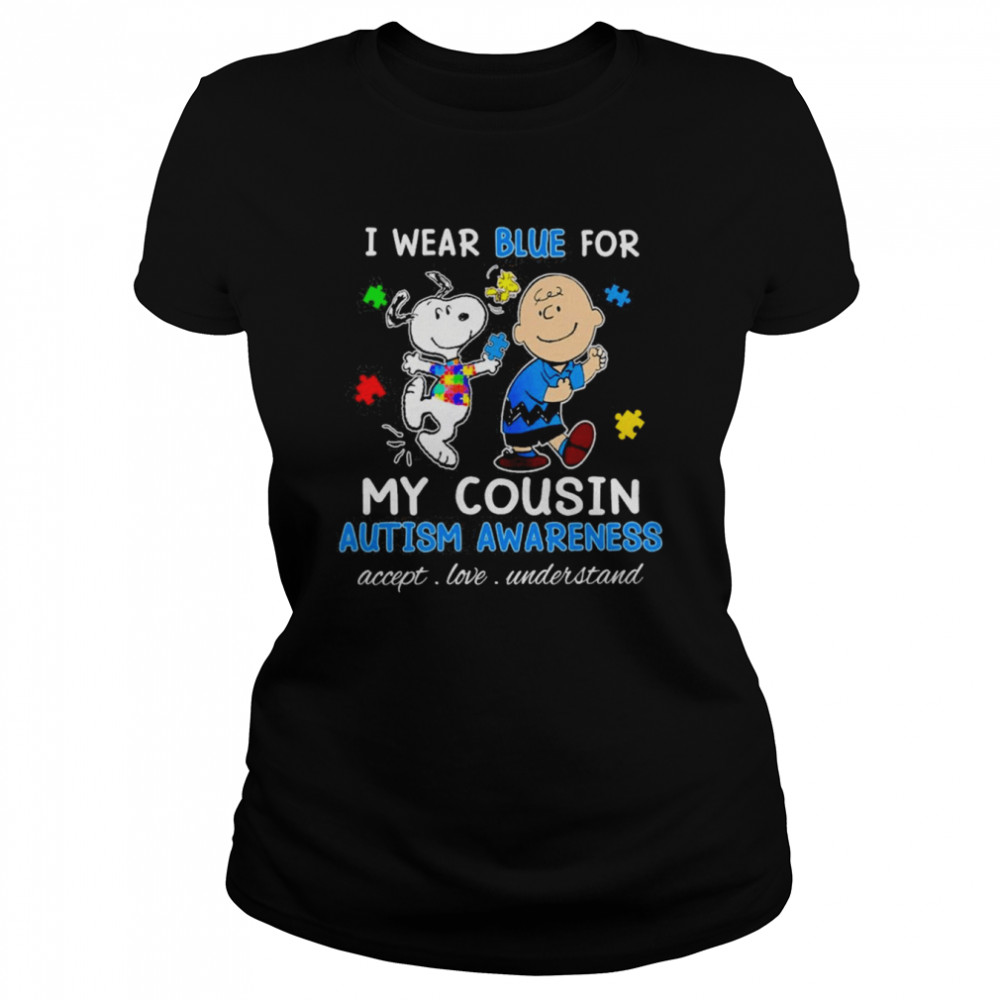Snoopy Woodstock And Charlie Brown I Wear Blue For My Cousin Autism Awareness Accept Love Understand Shirt