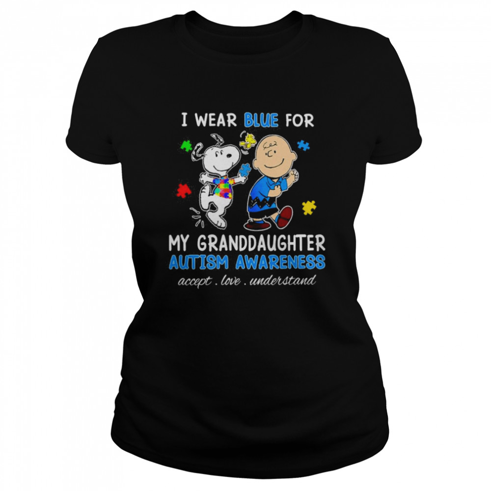Snoopy Woodstock And Charlie Brown I Wear Blue For My Granddaughter Autism Awareness Accept Love Understand Shirt
