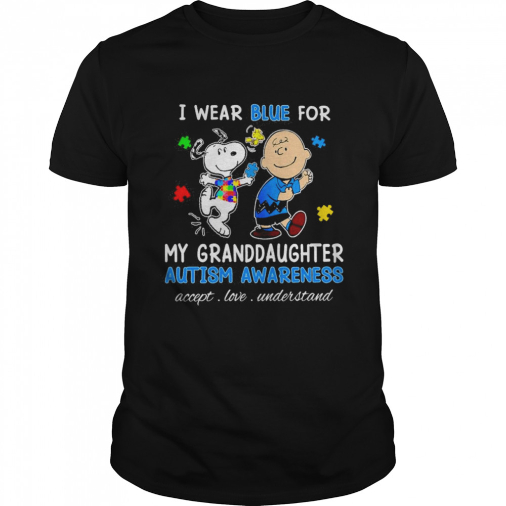 Snoopy Woodstock And Charlie Brown I Wear Blue For My Granddaughter Autism Awareness Accept Love Understand Shirt