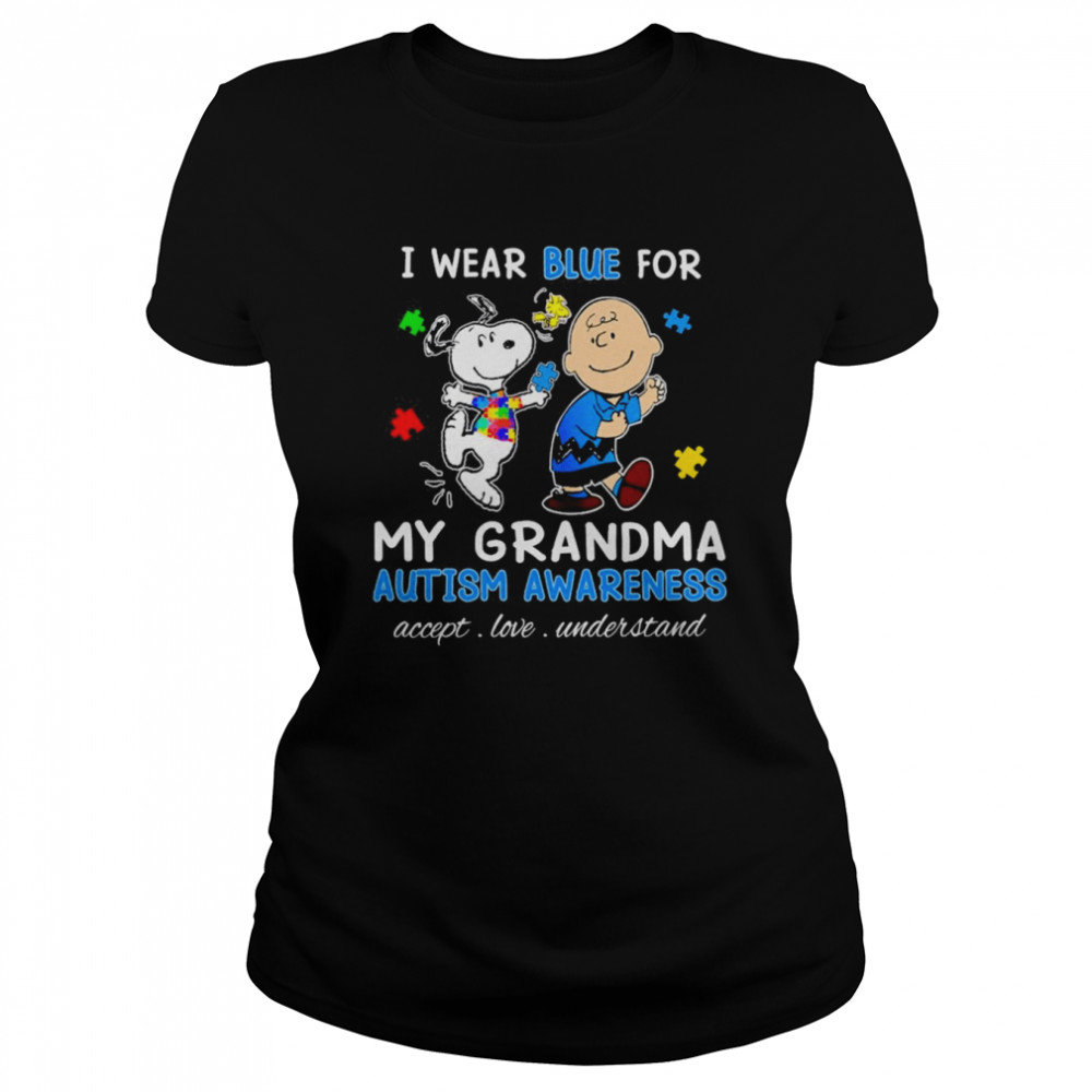 Snoopy Woodstock And Charlie Brown I Wear Blue For My Grandma Autism Awareness Accept Love Understand Shirt
