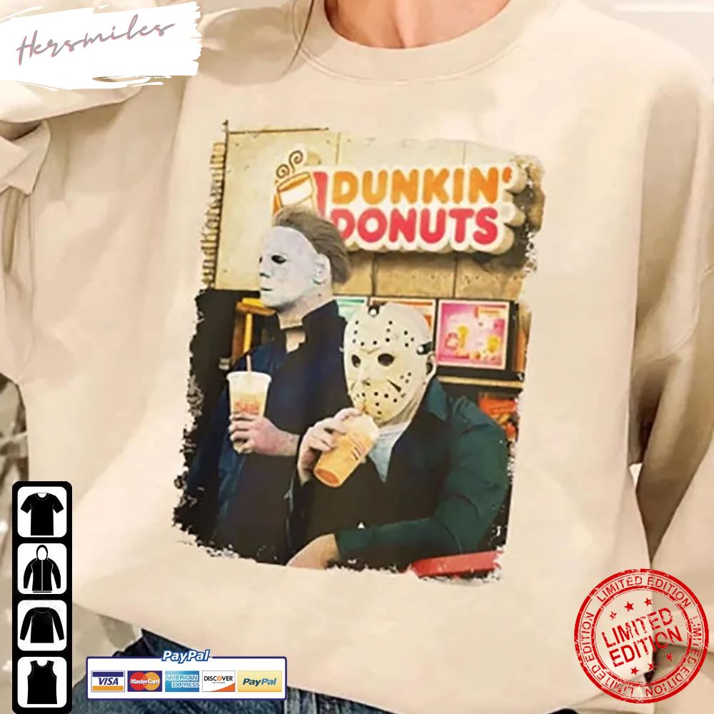 Jason And Micheal Myers Dunkin Donuts  Halloween Horror Movie Character T-Shirt