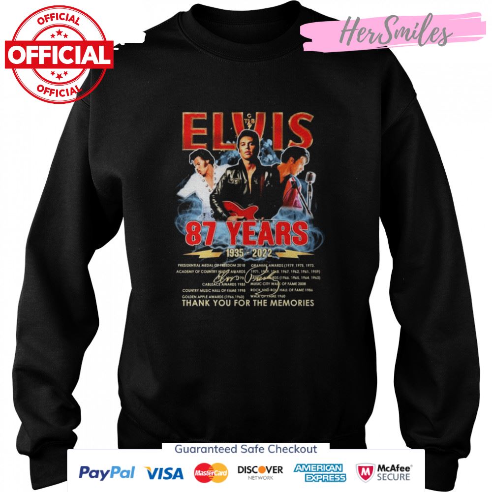 87 Years 1935-2022 Of Elvis Signatures Thank You For The Memories T-shirt 87 Years 1935-2022 Of Elvis Signatures Thank You For The Memories T-shirt