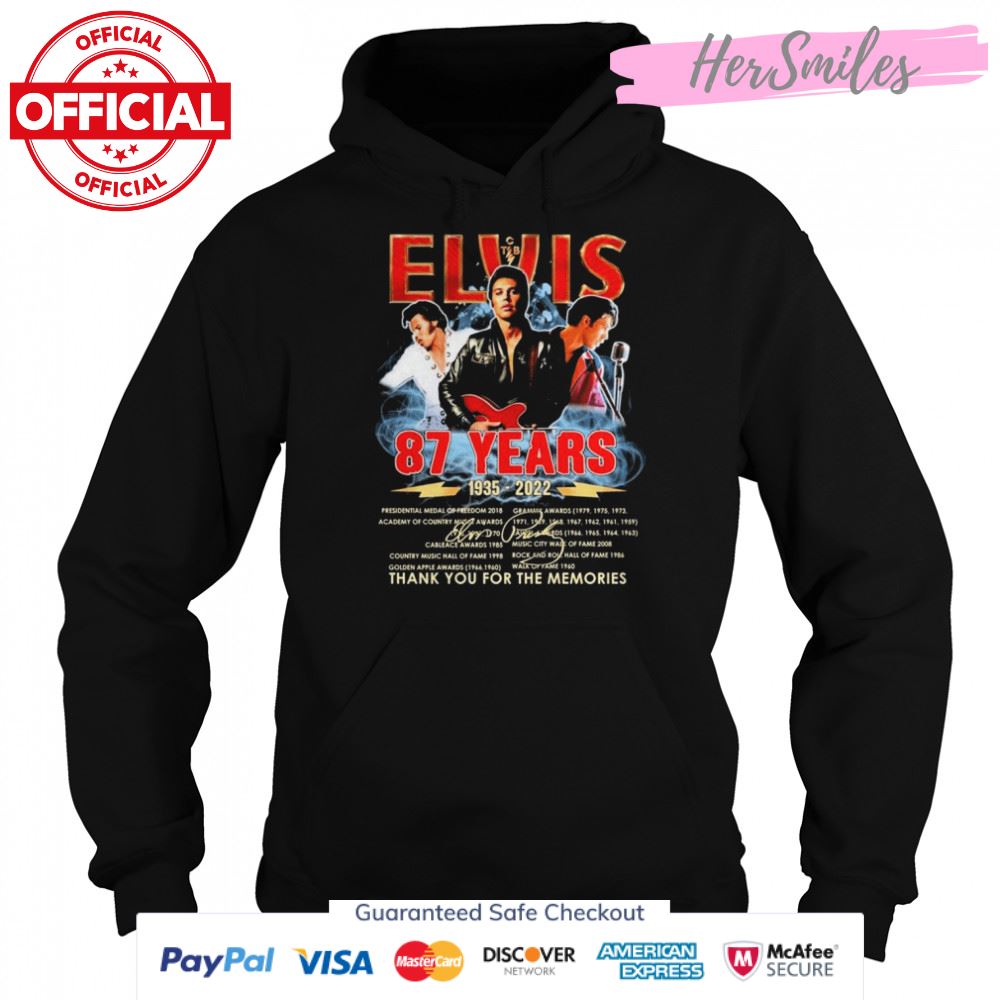 87 Years 1935-2022 Of Elvis Signatures Thank You For The Memories T-shirt 87 Years 1935-2022 Of Elvis Signatures Thank You For The Memories T-shirt