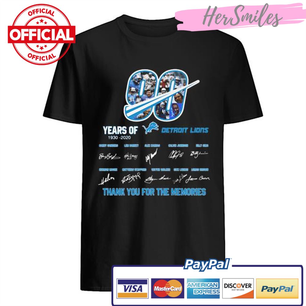 90 years of 1930 2020 detroit lions thank you for the memories signatures shirt