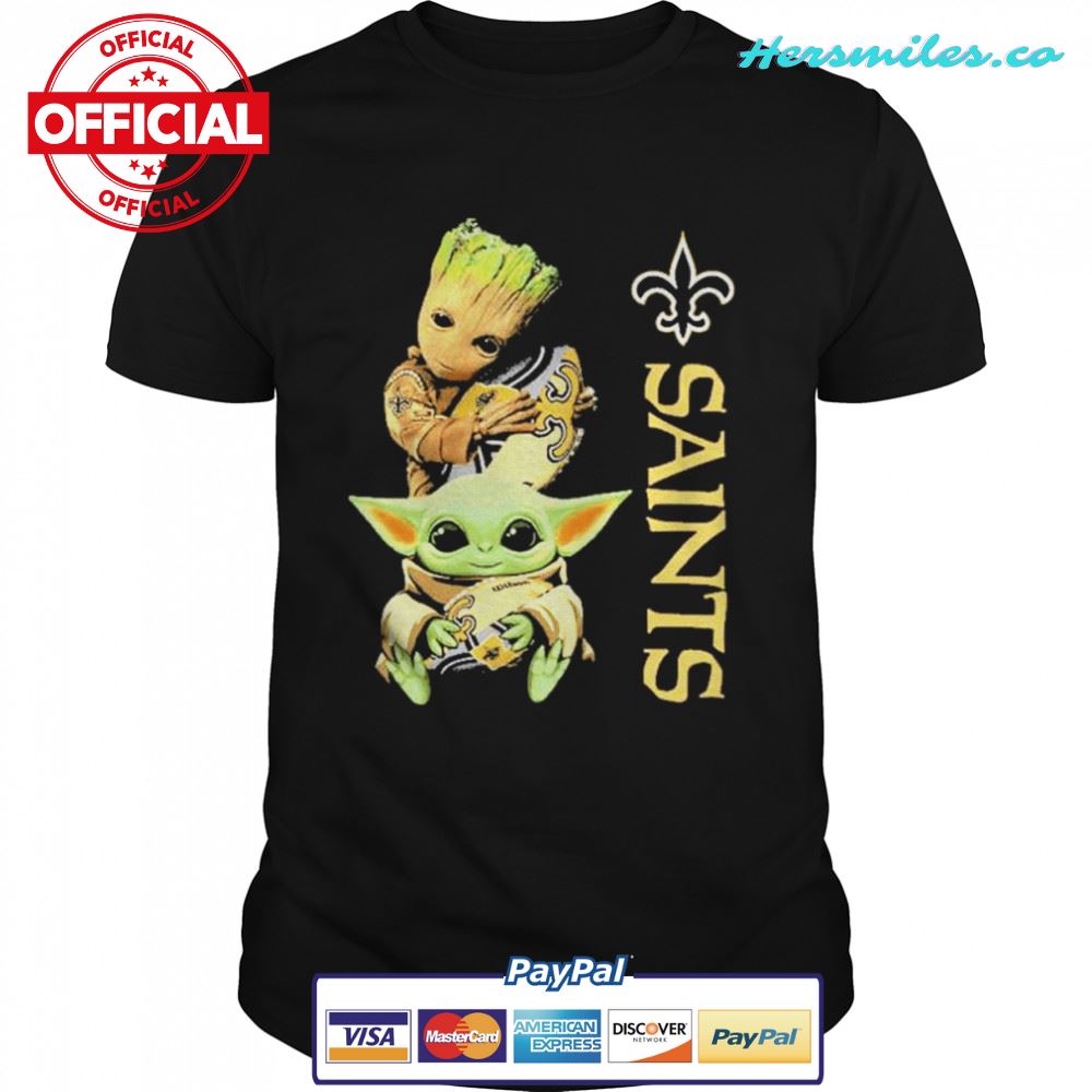 Baby Yoda and Baby Groot hug New Orleans Saints shirt
