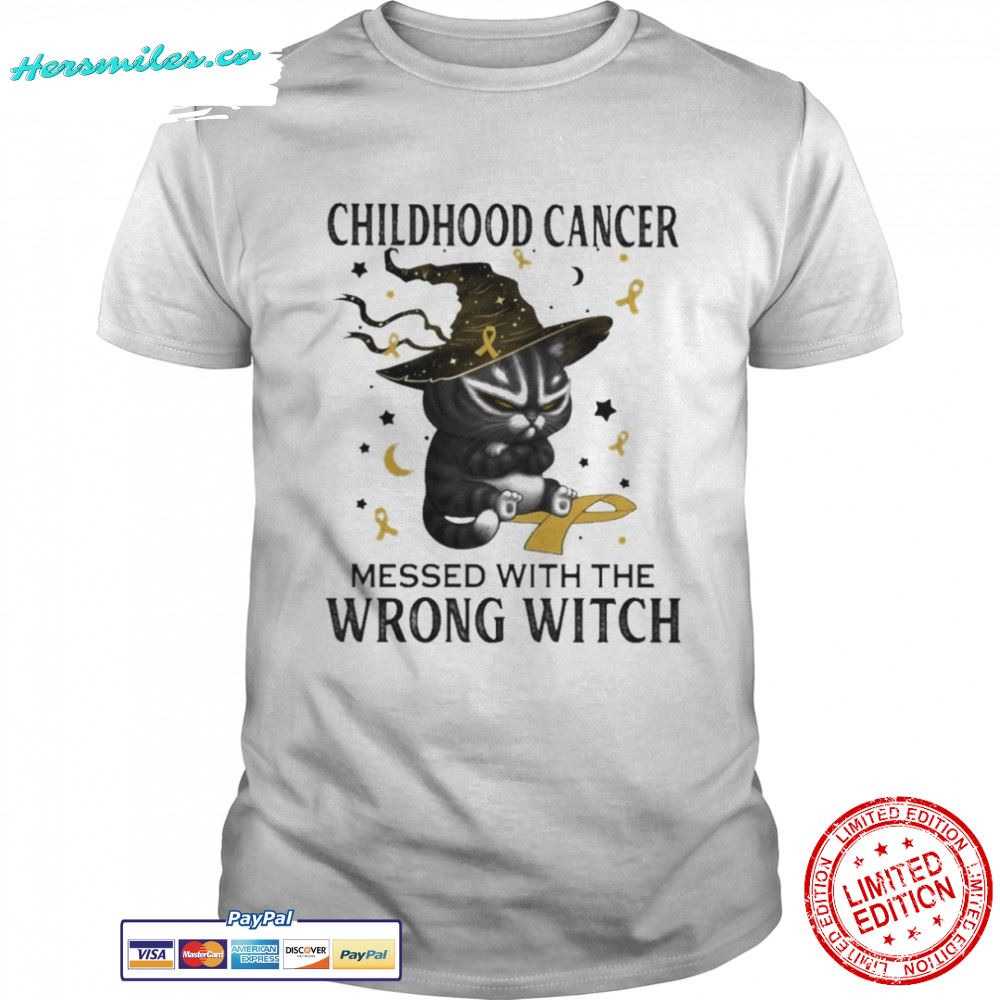 Black Cat Childhood Cancer messed with the wrong Witch halloween shirt