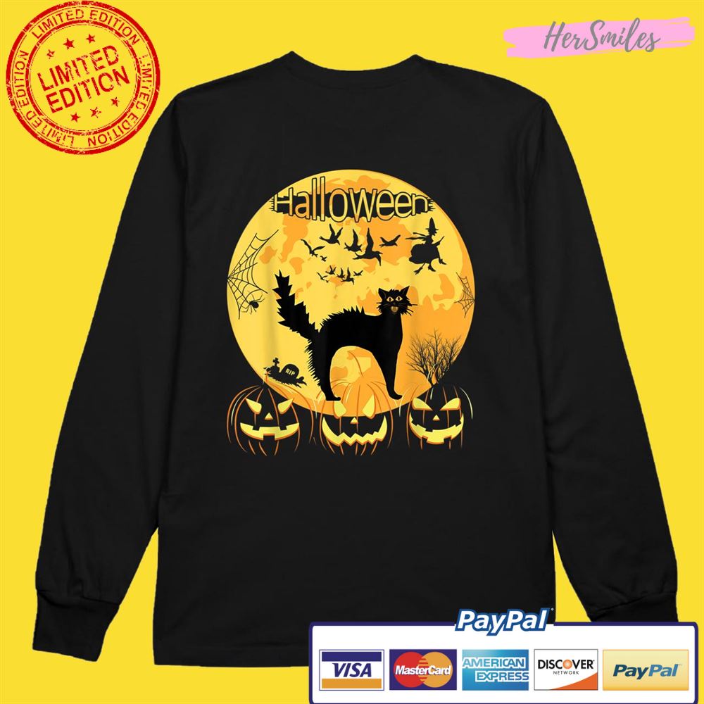 Black Scary Cat with Lighted Eyes Halloween Shirt