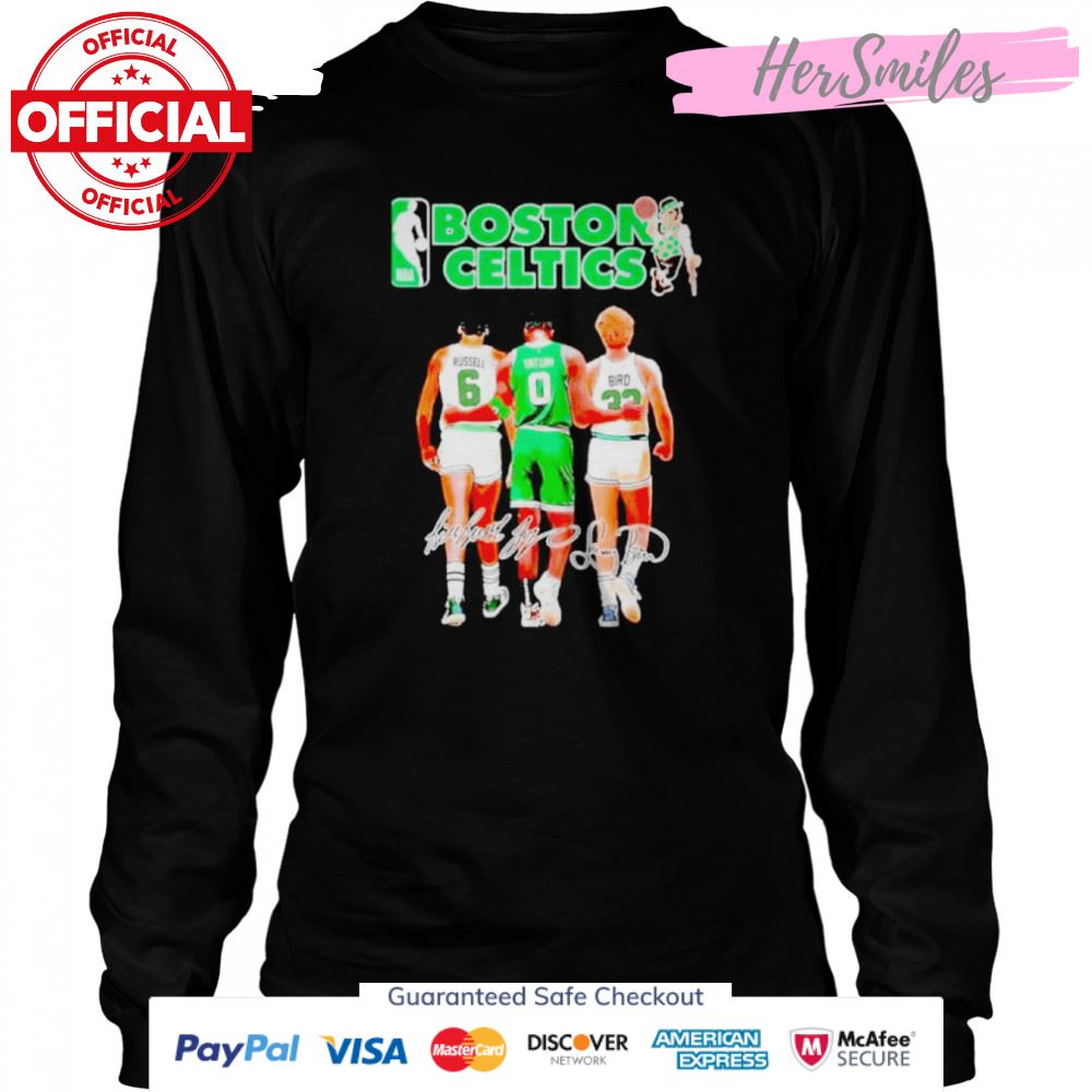 Champion Boston Celtics Bill Russell Jayson Tatum And Larry Bird Signatures Shirt Champion Boston Celtics Bill Russell Jayson Tatum And Larry Bird Signatures Shirt
