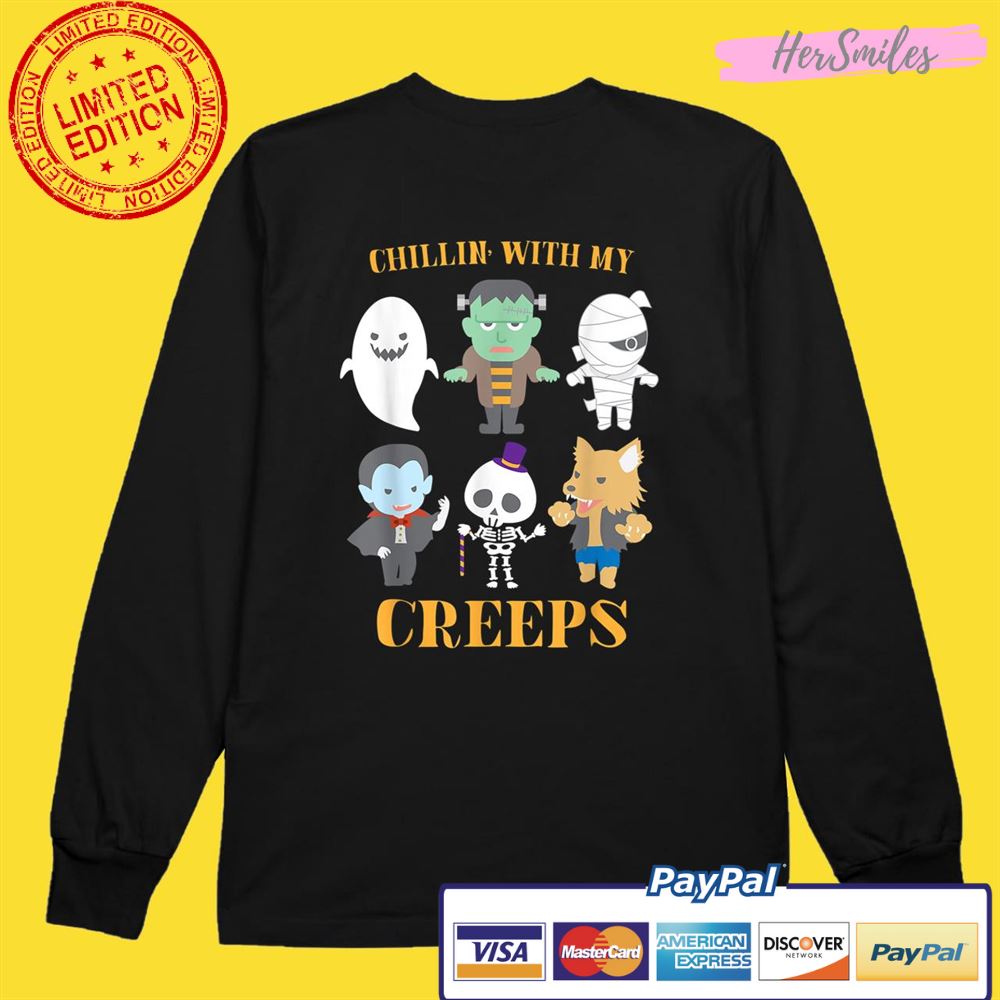 Chillin With My Creeps Funny Halloween Shirt Skeleton Ghost