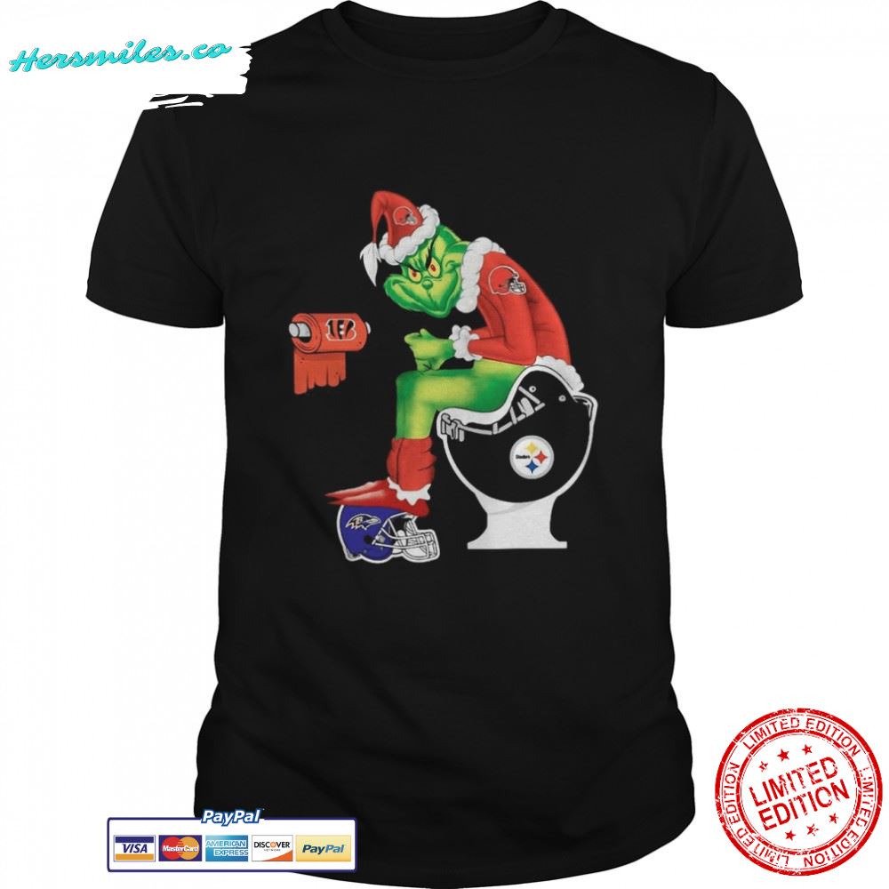 Cleveland Browns Grinch sitting on Pittsburgh Steelers toilet and step on Baltimore Ravens helmet shirt