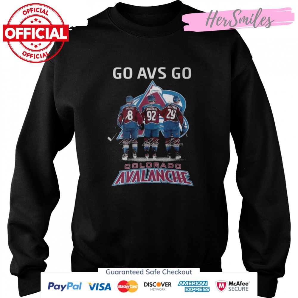 Colorado Avalanche Go AVS Go Cale Makar and Gabriel Landeskog and Nathan MacKinnon Signatures Shirt Colorado Avalanche Go AVS Go Cale Makar and Gabriel Landeskog and Nathan MacKinnon Signatures Shirt