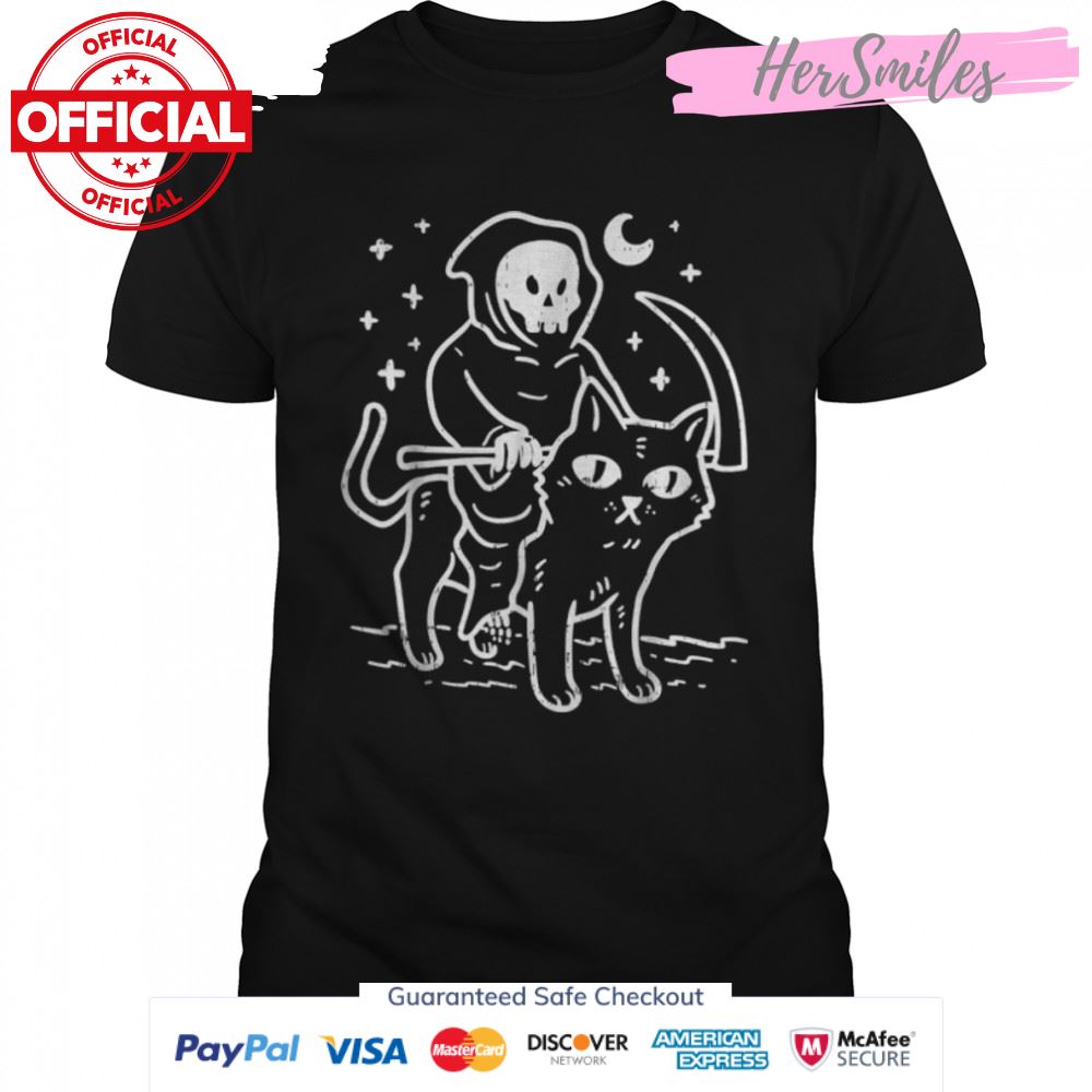 Grim Reaper Riding Cat Moon Funny Death Halloween Costume T-Shirt